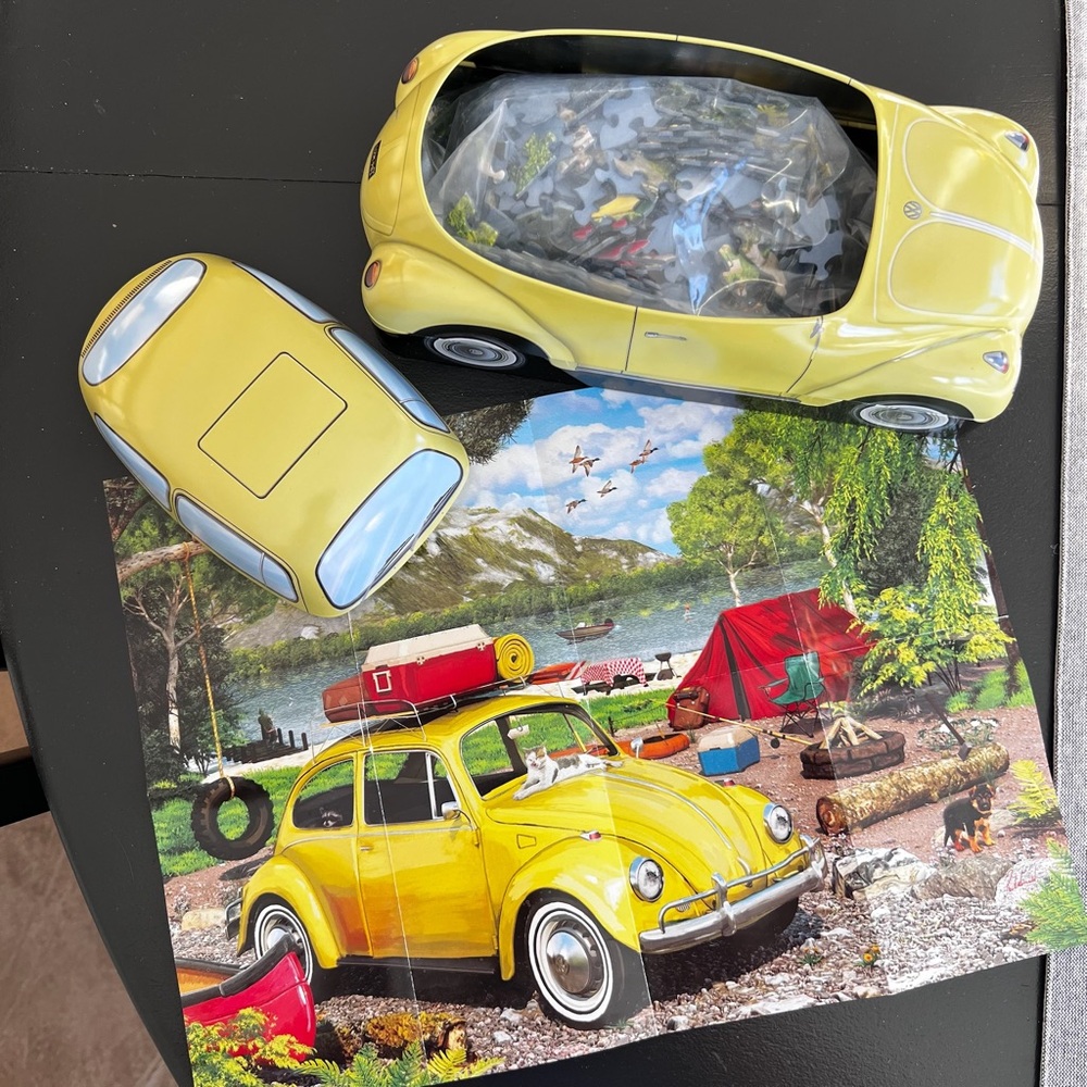Vintage Yellow Beetle Tin with Puzzle